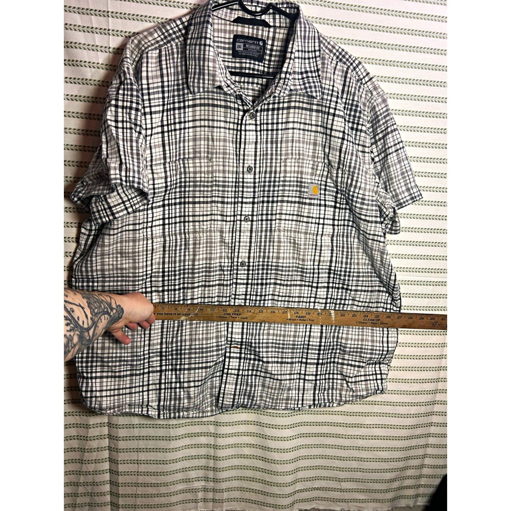 Carhartt Gray White Plaid Cotton Woven Button-Up Shirt Pockets Men's 2XL SS